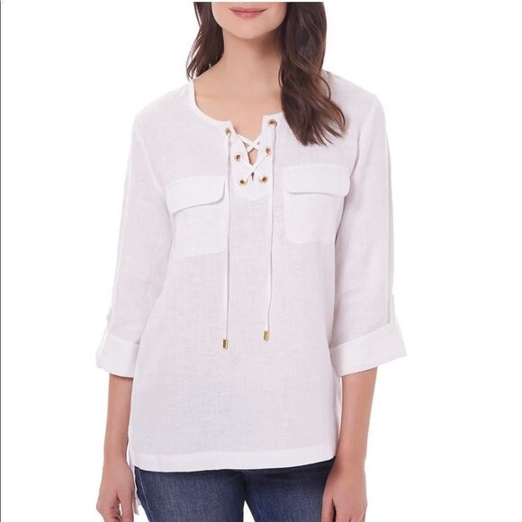 Linen Shirt Lace Up Front Tunic Top White Lace Up Front  Blouse Size L - Picture 1 of 8